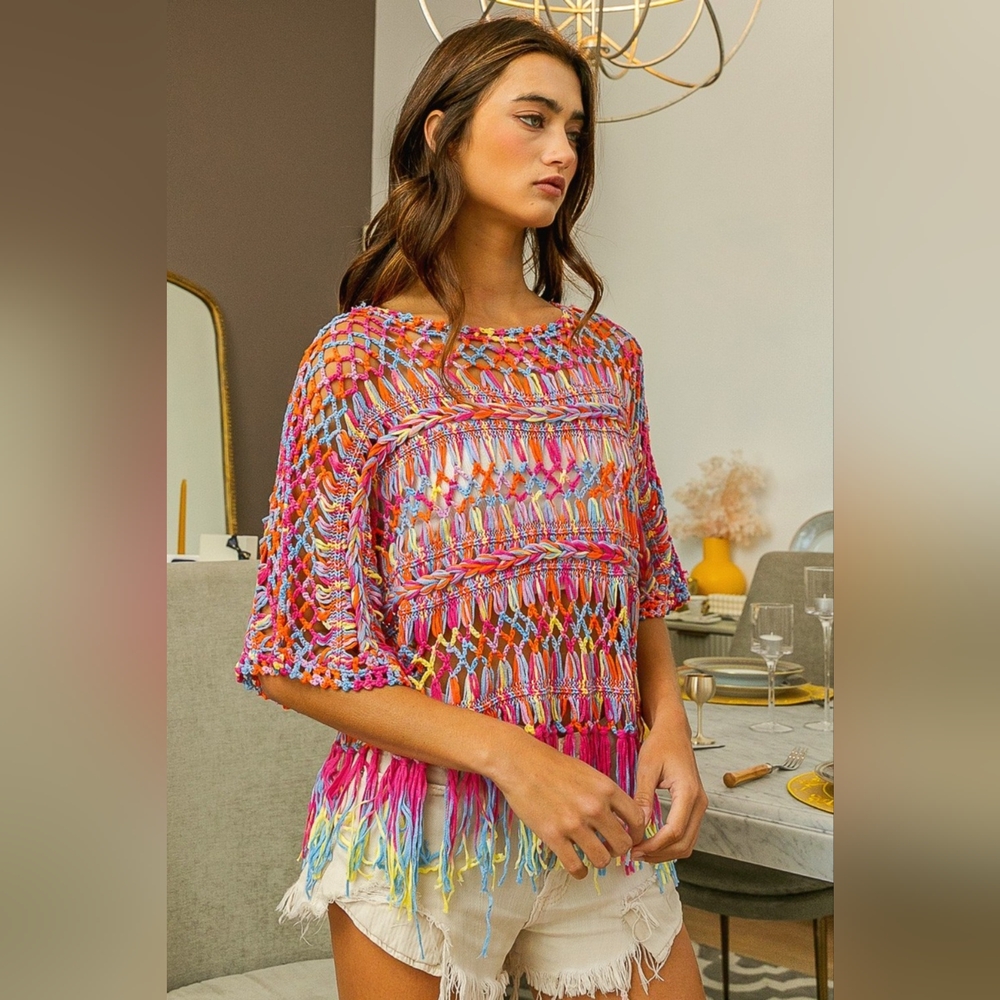 BiBi Openwork Fringed Knit Cover Up